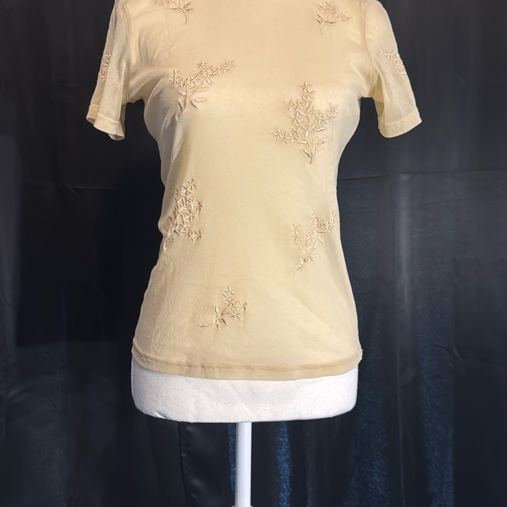 New York & Company Cream Mesh Fitted Embellished Top